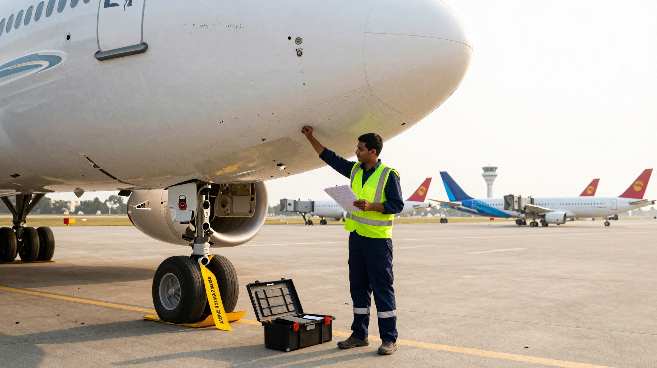 Técnico de aviação com colete amarelo a inspecionar a frente de um avião numa pista de aeroporto.