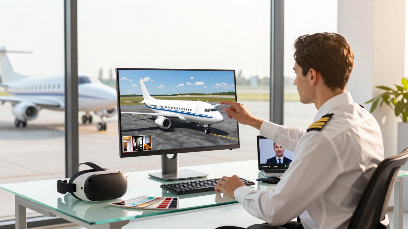 Piloto sentado à secretária, usando simulador de voo no computador com um avião à vista na janela do aeroporto.