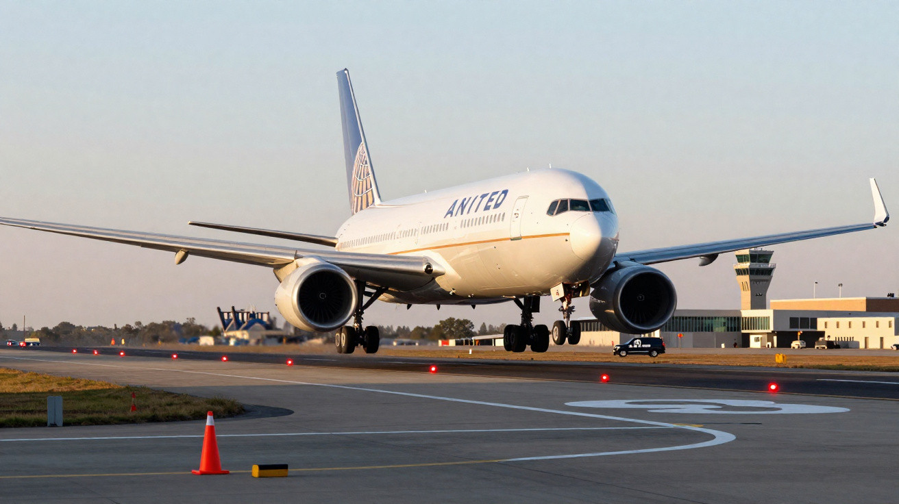 Avião da United a aterrar numa pista de aeroporto ao pôr do sol.