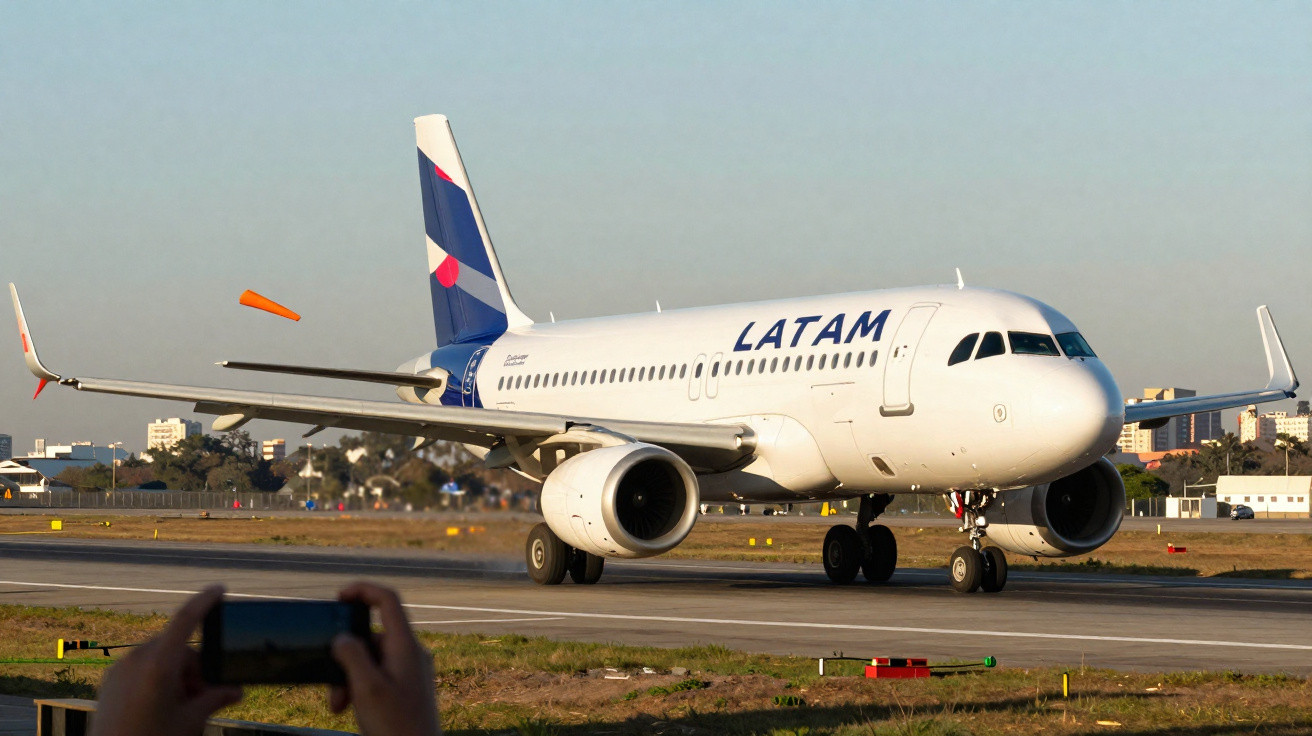 Avião da LATAM a taxiar na pista de um aeroporto ao entardecer, com pessoa a tirar foto.