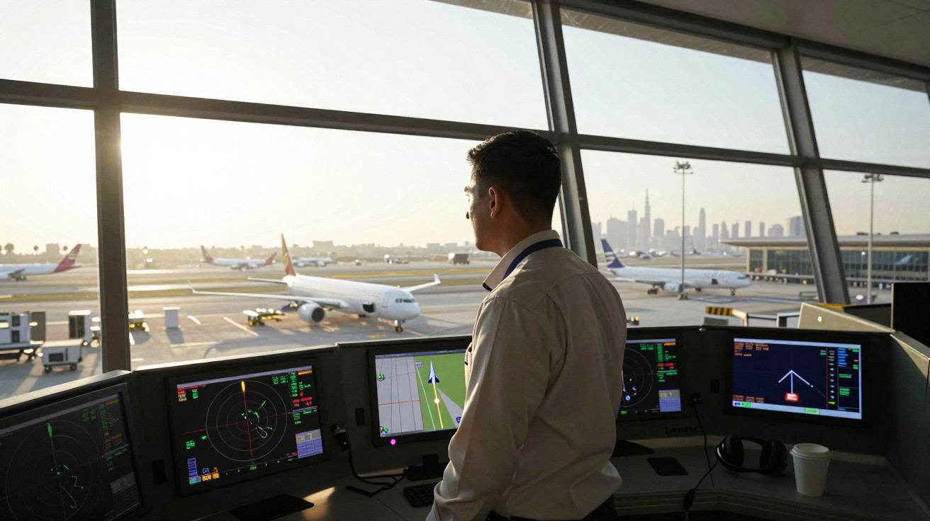 Controlador aéreo observa pista de aeroporto com vários aviões estacionados ao amanhecer.
