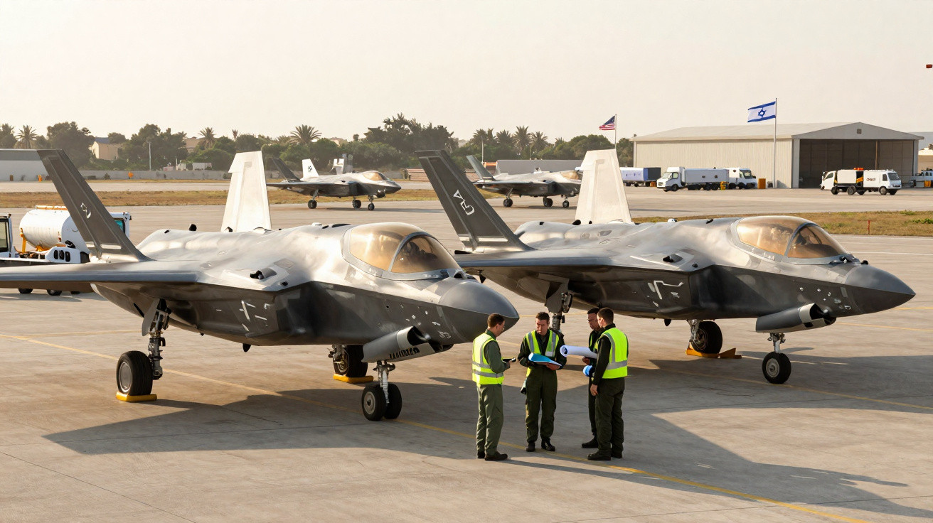 Dois caças F-35 estacionados em pista com três militares em coletes a discutir em primeiro plano.