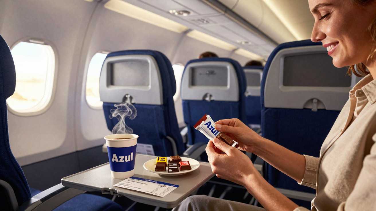 Passageira sorridente abre snack com café quente numa mesa de apoio dentro de avião Azul.