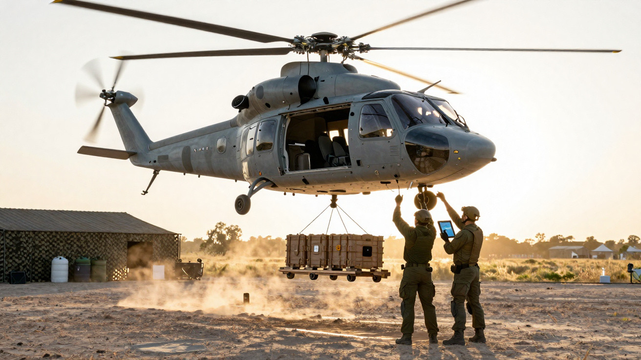 Helicóptero militar a descolar com dois soldados no solo e uma carga suspensa em ambiente de treino ao pôr do sol.