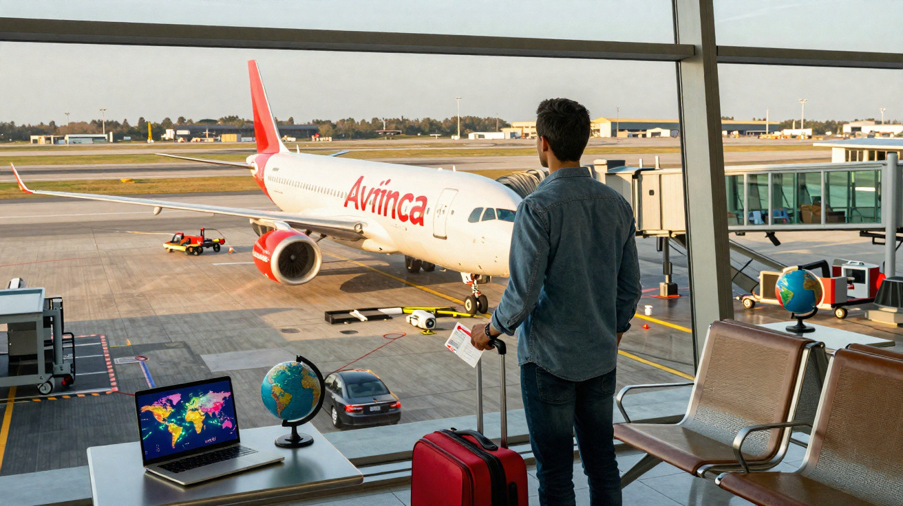 Homem com mala vermelha observa avião da companhia Avinca numa sala de embarque de aeroporto.