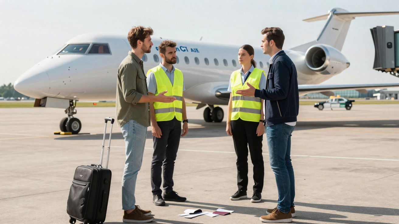 Quatro pessoas conversam em frente a um avião privado na pista de aeroporto, duas usam coletes refletores.