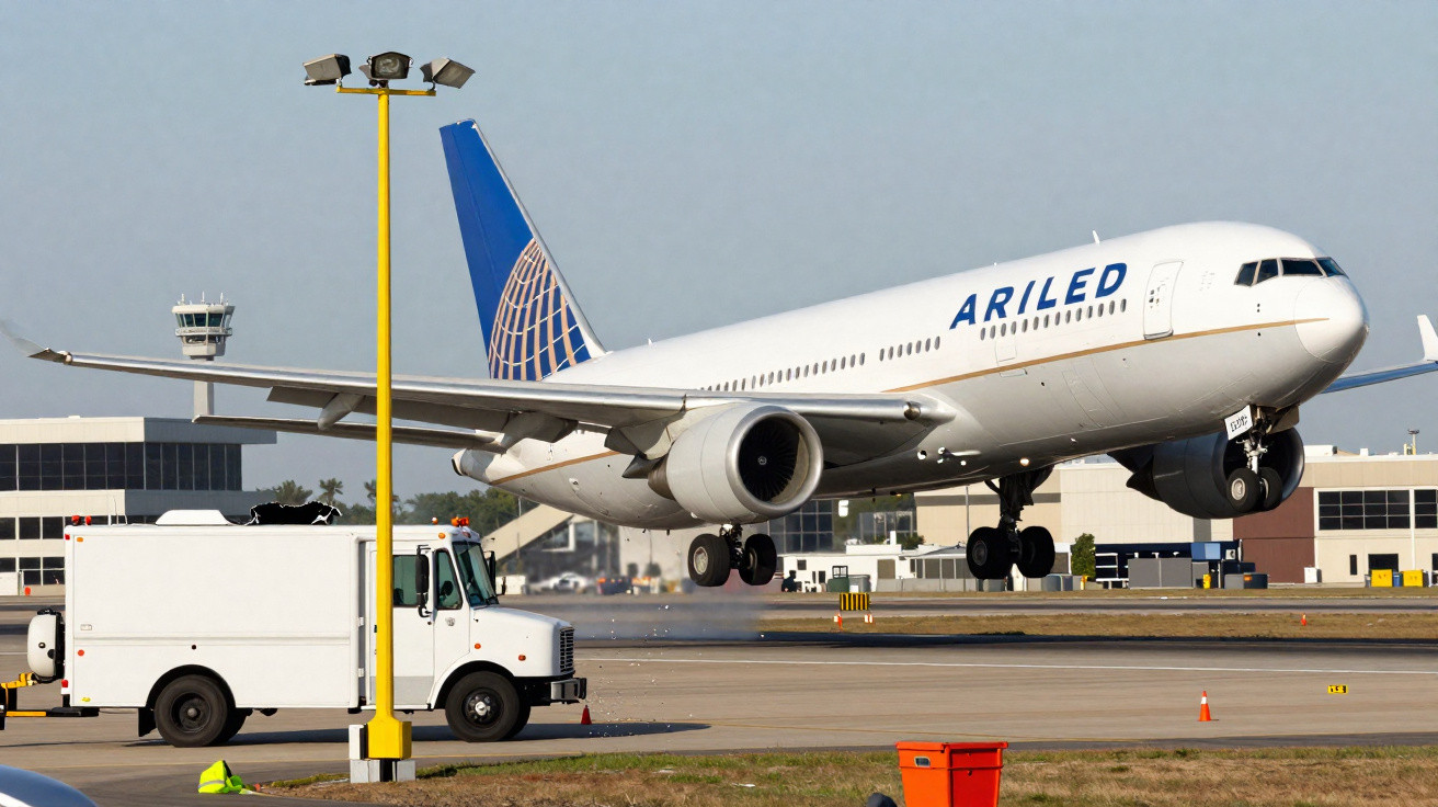 Avião de passageiros da Ariled a aterrar num aeroporto com veículos de apoio no solo.