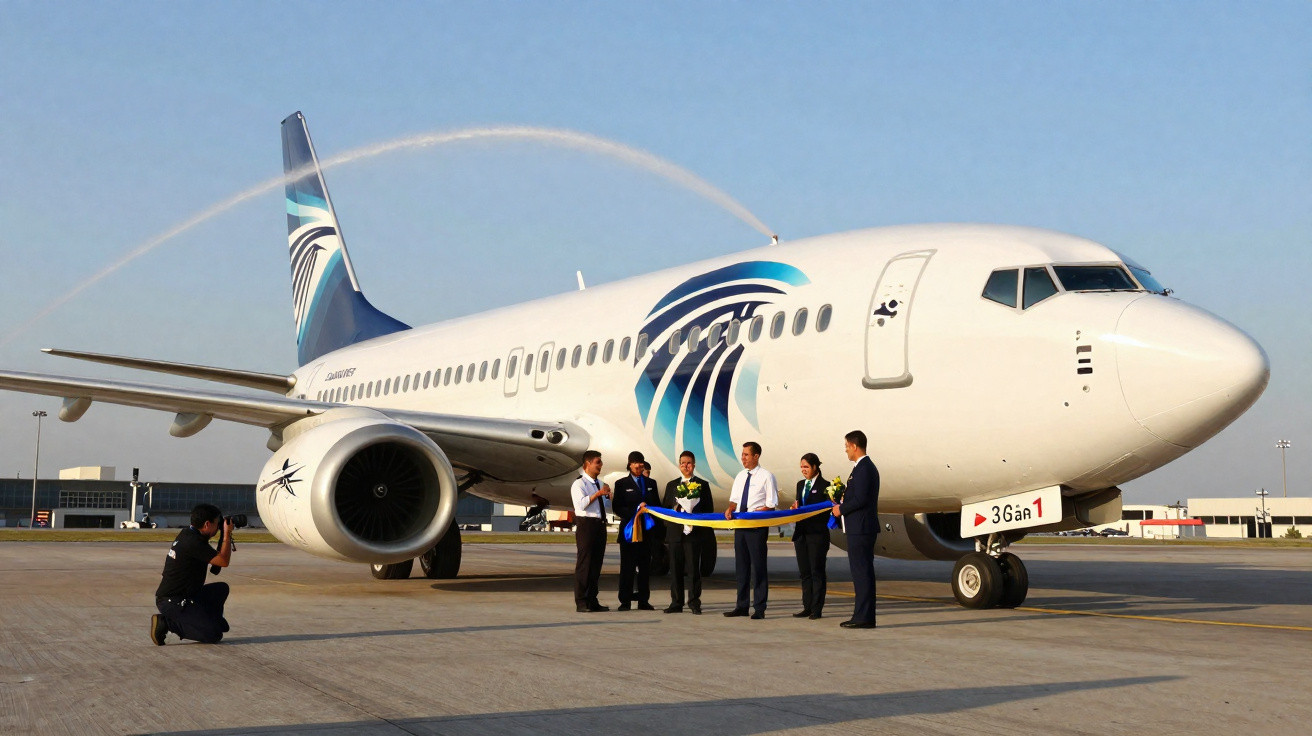 Avião branco da EgyptAir no aeroporto com pessoas a cortar fita em cerimónia e fotógrafo a tirar fotos.