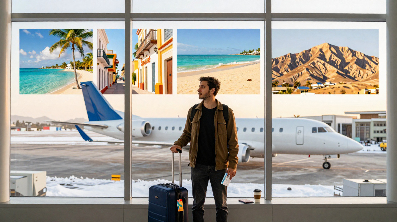 Homem com mala no aeroporto observa avião, com imagens de praia, cidade e montanhas ao fundo.