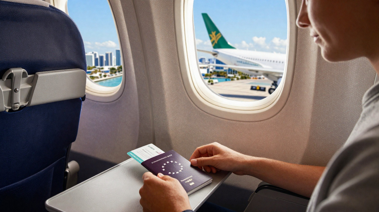 Viajante sentado no avião segurando passaporte e bilhete, com vista para outra aeronave no aeroporto.