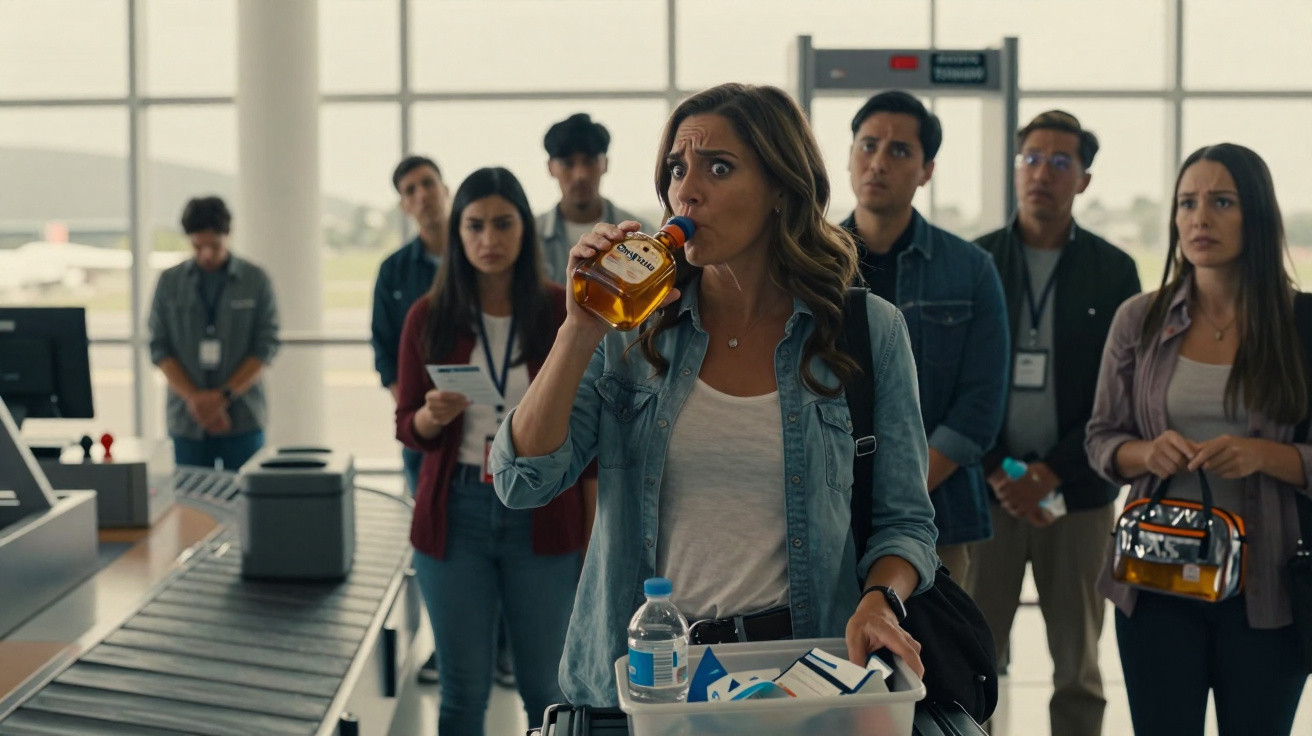 Mulher a beber de uma garrafa de álcool numa fila do controlo de segurança no aeroporto, pessoas atrás dela.