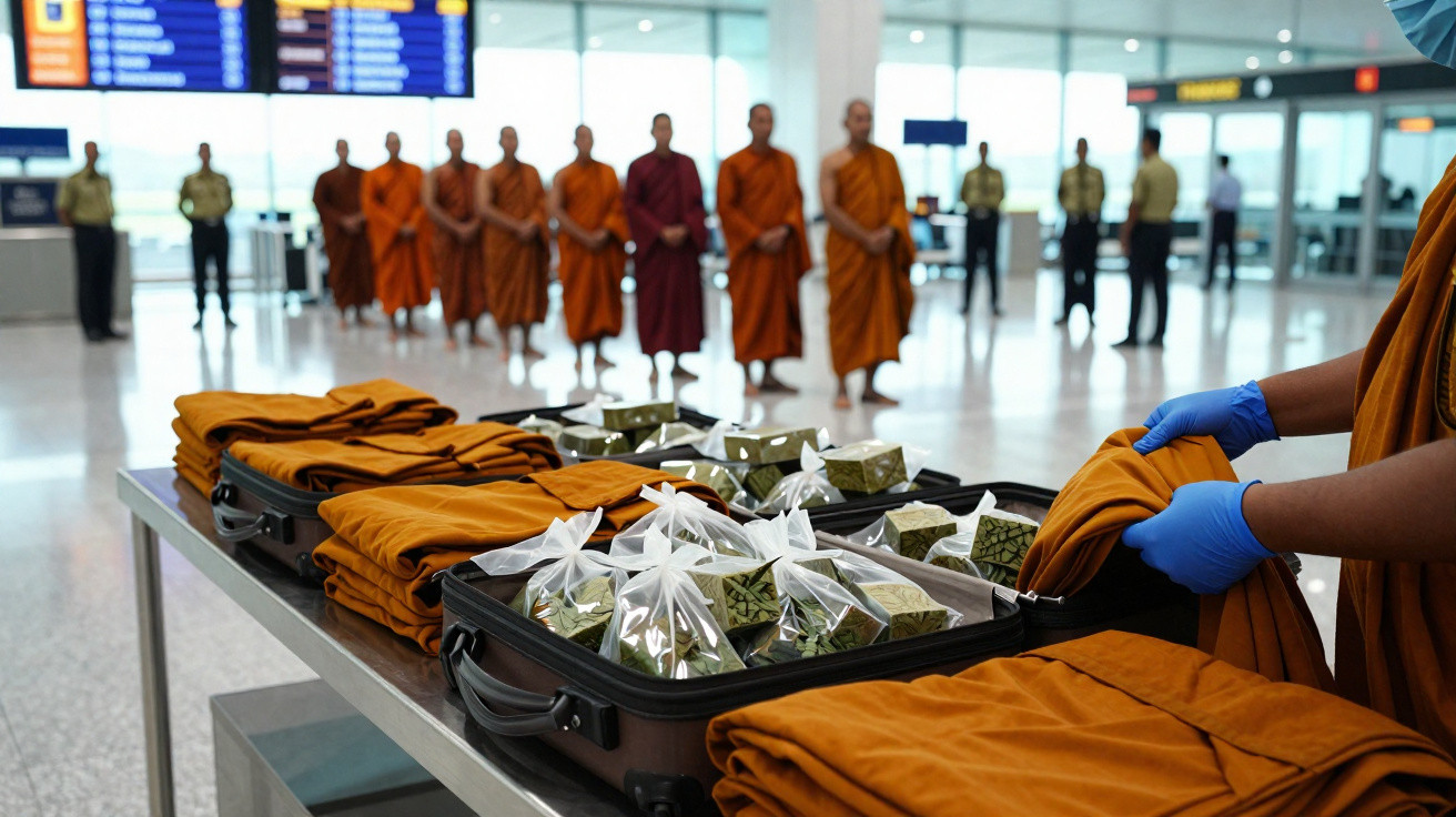 Monge a organizar roupas e oferendas em mala num aeroporto, com outros monges alinhados ao fundo.