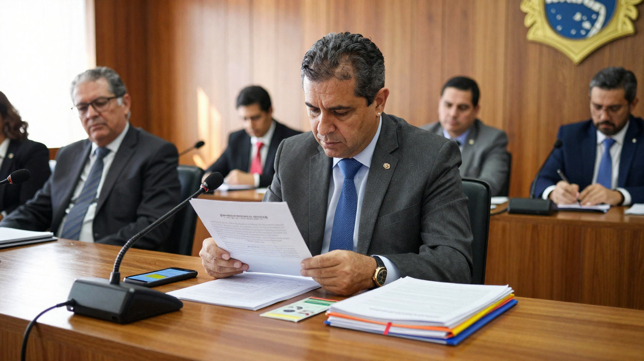 Homem de fato cinzento e gravata azul lê documento durante reunião formal em sala com outros participantes.