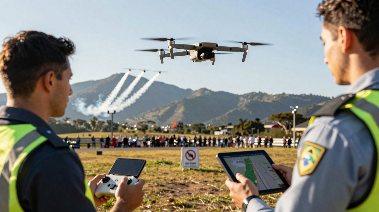 Dois homens a controlar um drone com tablets, com evento aéreo e montanhas ao fundo.