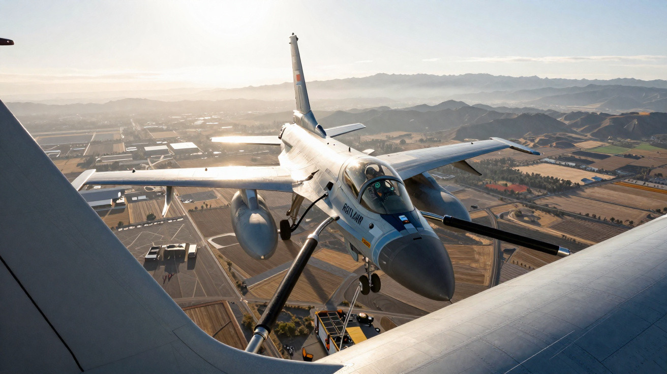 Avião militar ligeiro de reabastecimento em voo sobre terreno rural e montanhoso ao amanhecer.