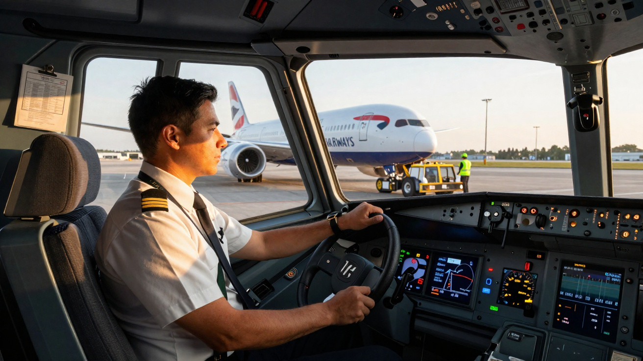 Piloto sentado na cabine de um avião no aeroporto com um avião da British Airways estacionado ao fundo.
