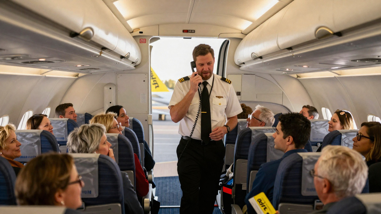 Piloto a falar ao microfone no interior de um avião com passageiros sentados atentos.