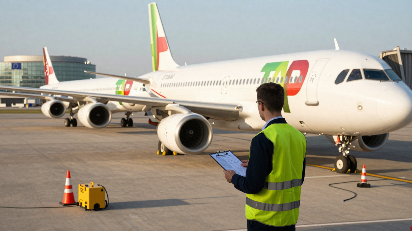 Trabalhador aéreo com colete refletor verifica documento perto de avião TAP parado na pista do aeroporto.