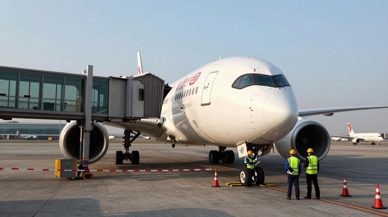 Avião branco estacionado em portão de aeroporto com três trabalhadores de colete refletor junto à roda dianteira.