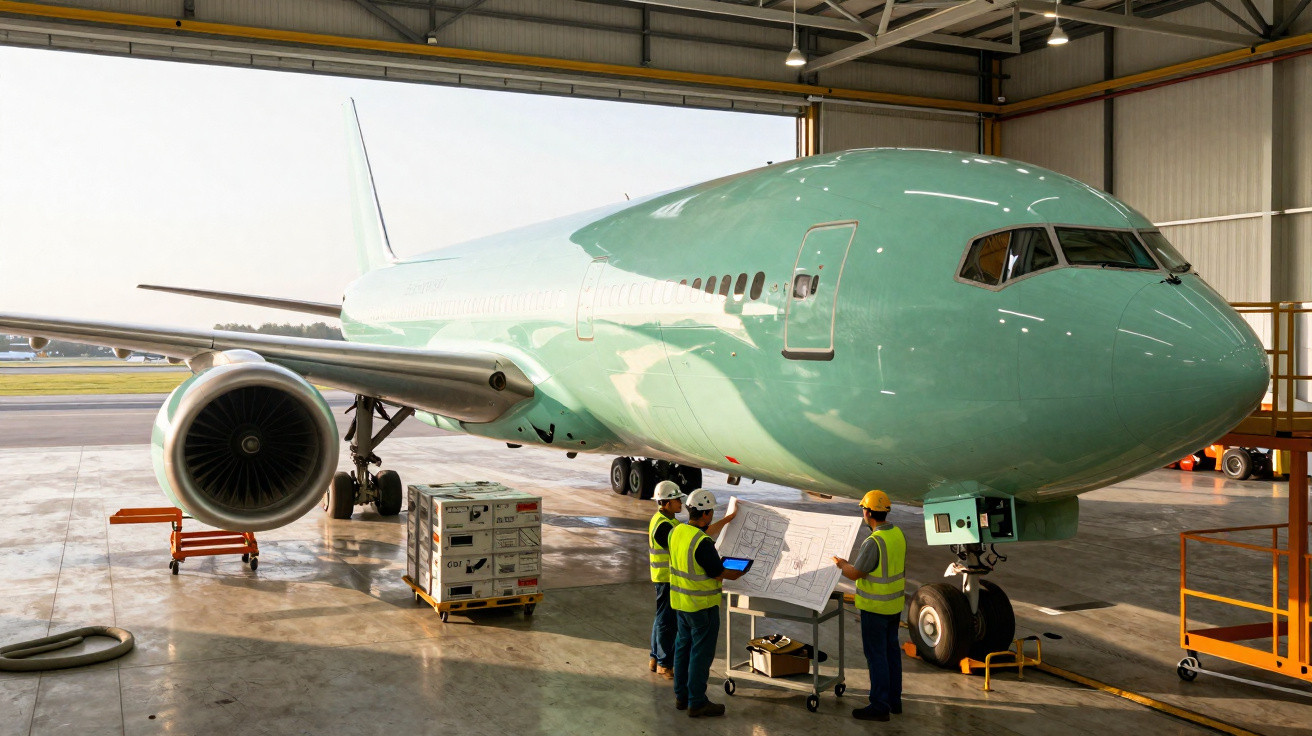 Avião verde numa hangar com três trabalhadores de colete refletor e capacete a analisar documentos.