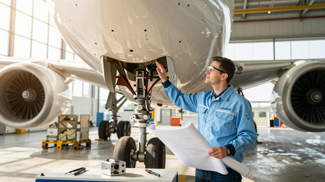 Engenheiro de manutenção inspeciona avião num hangar, segurando planos técnicos e verificando componente inferior.