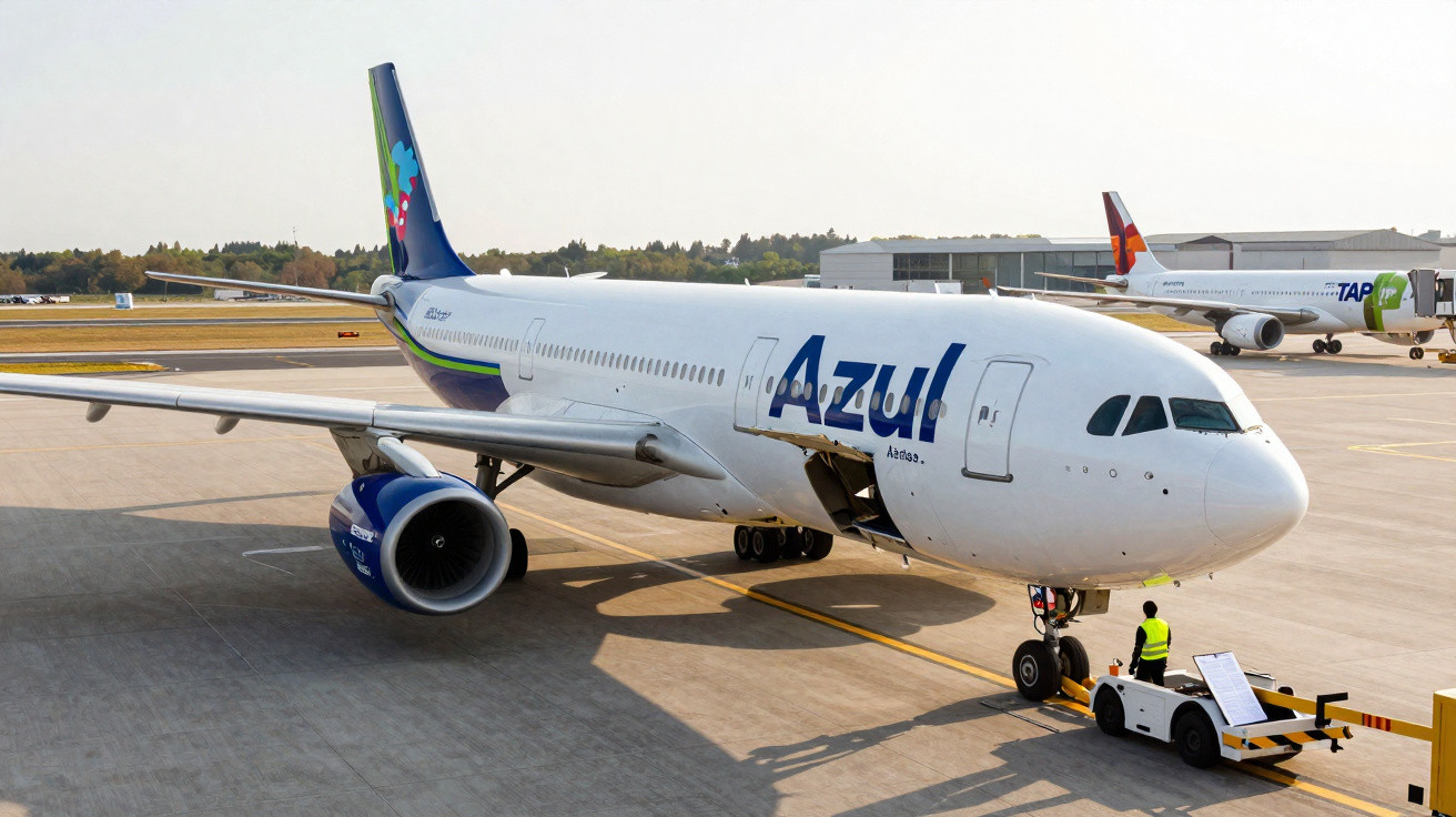 Avião da companhia Azul estacionado no aeroporto com trabalhador de colete refletor e equipamento de reboque.