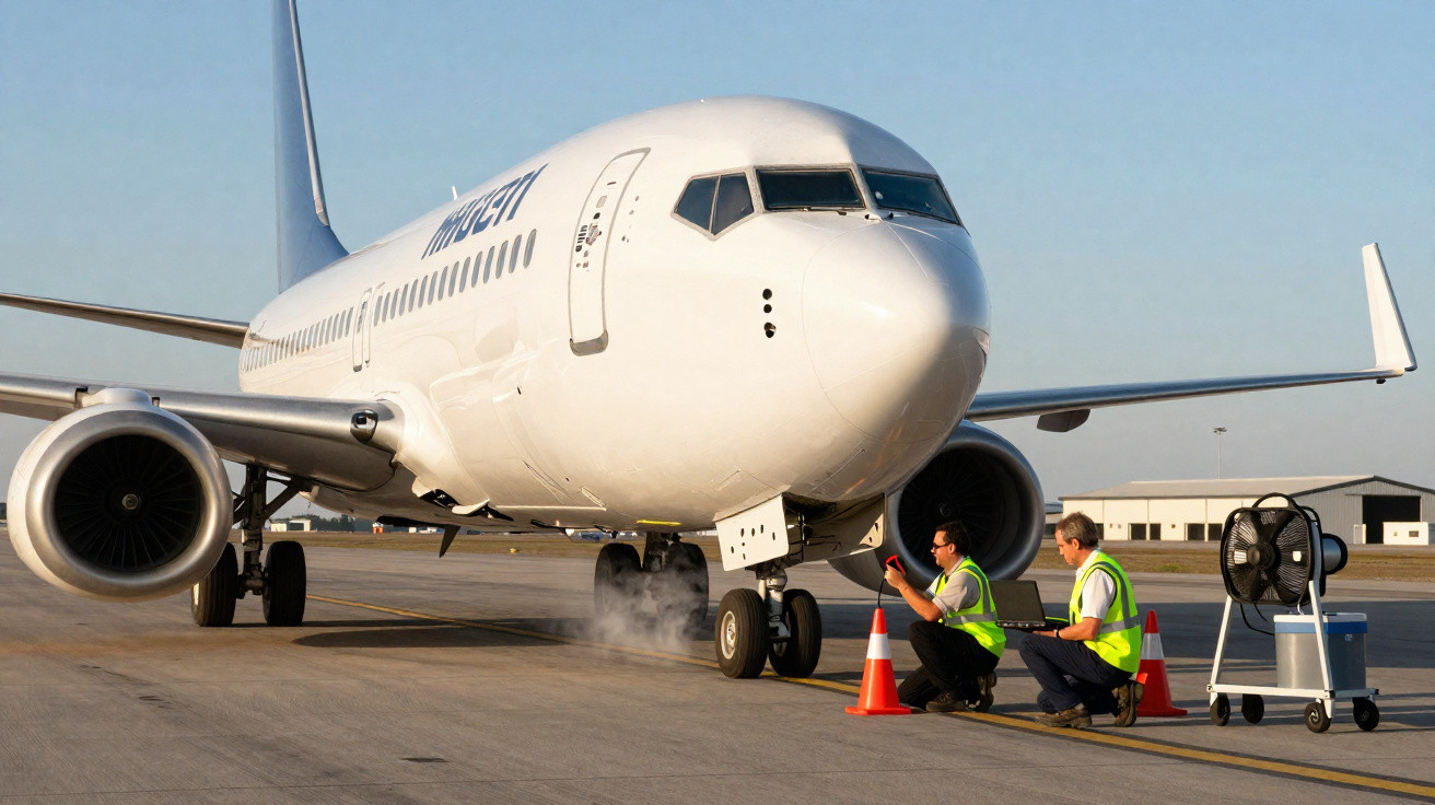 Avião estacionado no aeroporto com dois técnicos em coletes fluorescentes a inspecioná-lo na pista.
