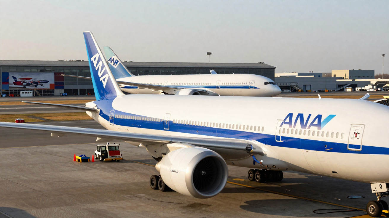 Aviões da companhia ANA estacionados no aeroporto com terminal ao fundo em dia claro.