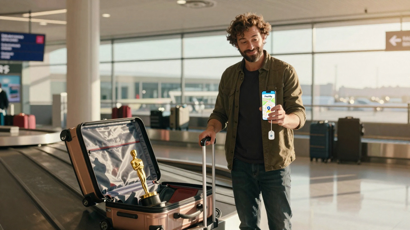 Homem num aeroporto mostra telemóvel com app enquanto bagagem aberta revela um troféu tipo Óscar dentro da mala.
