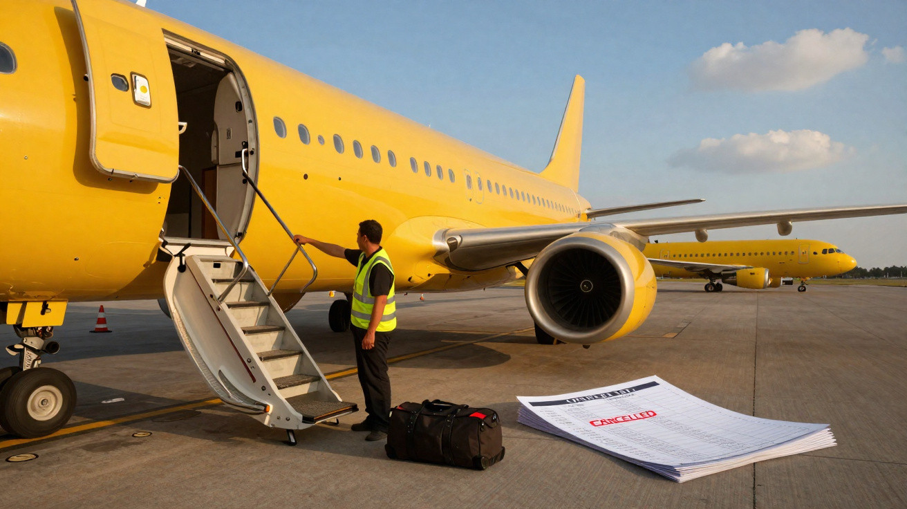 Funcionário junto a avião amarelo com porta aberta e malas no chão, amid lista de voos cancelados.