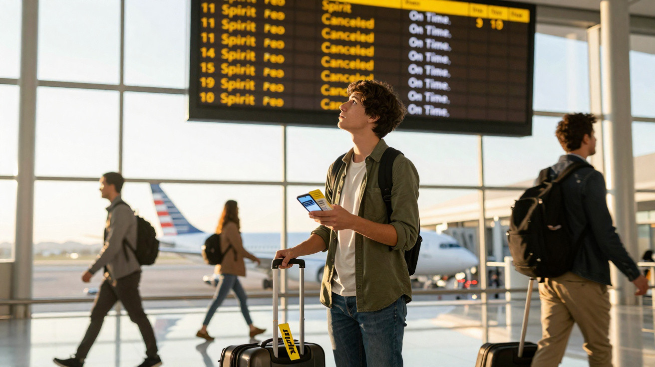 Passageiro com bagagem consulta horários de voos num aeroporto com outros viajantes em movimento.
