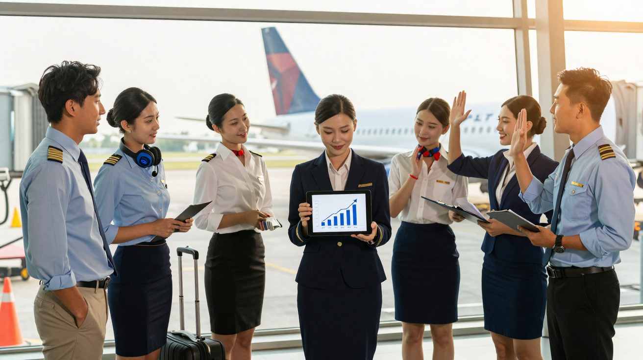 Tripulação de aeroporto reunida junto a janela, analisando gráfico de crescimento num tablet.