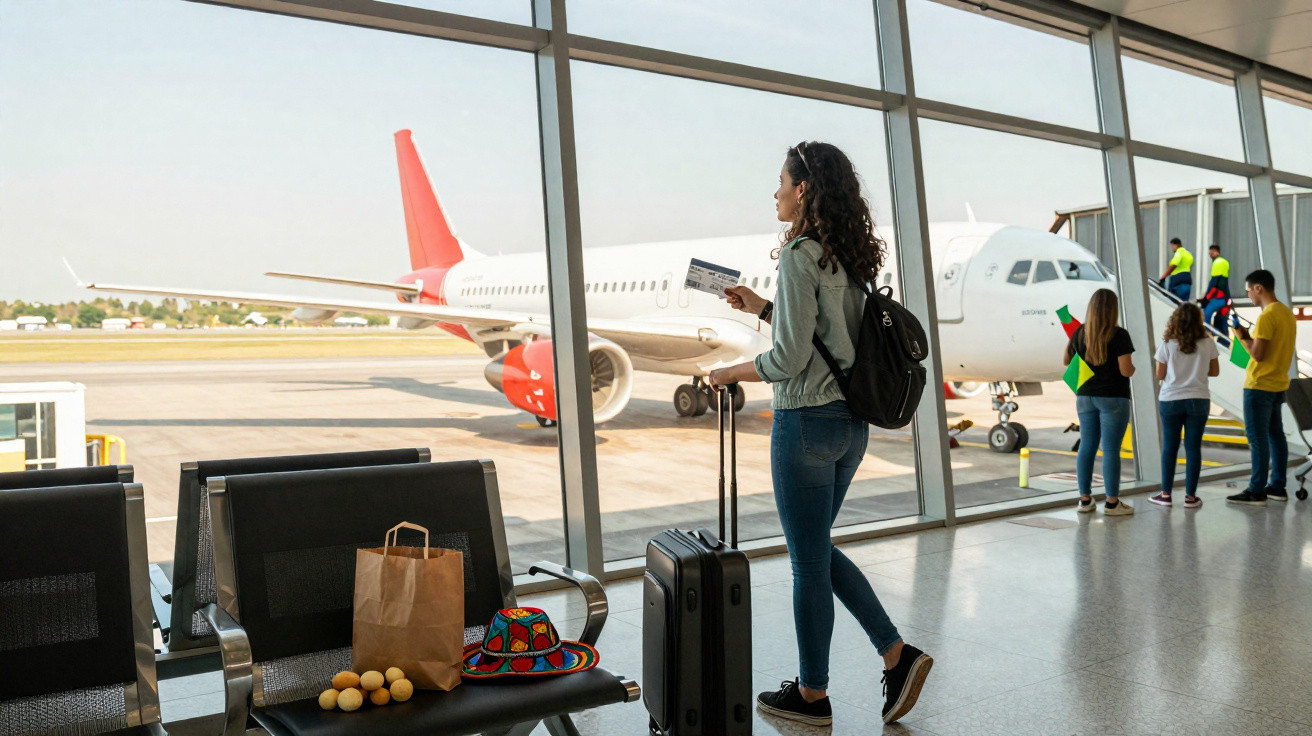 Mulher com mochila e mala de viagem espera junto a janela do aeroporto com avião e pessoas ao fundo.