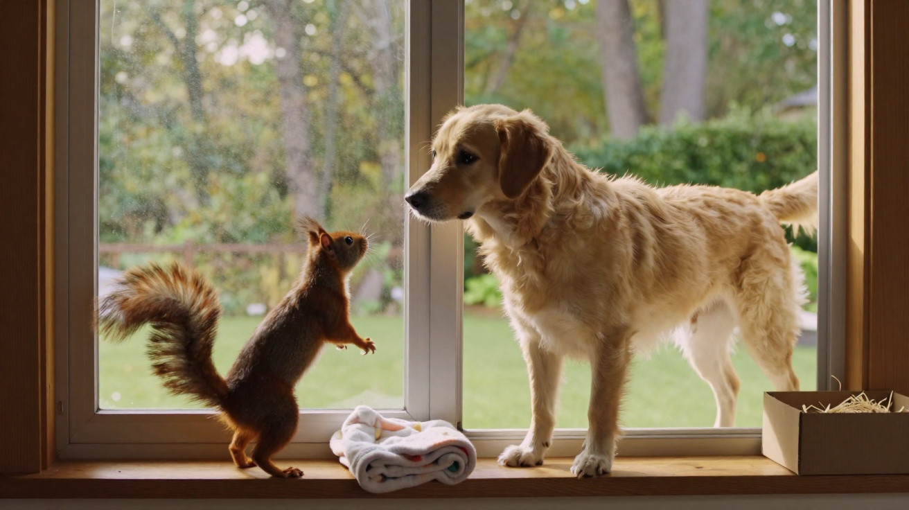 Esquilo dentro de casa a olhar para um cão Golden Retriever do outro lado da janela numa tarde de outono.
