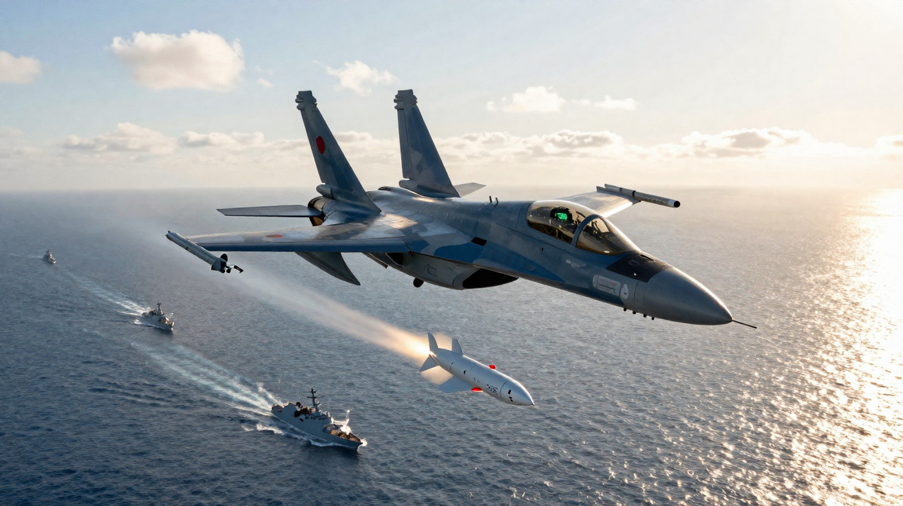 Caça militar lança míssil sobre o mar com navios em patrulha ao fundo ao pôr do sol.