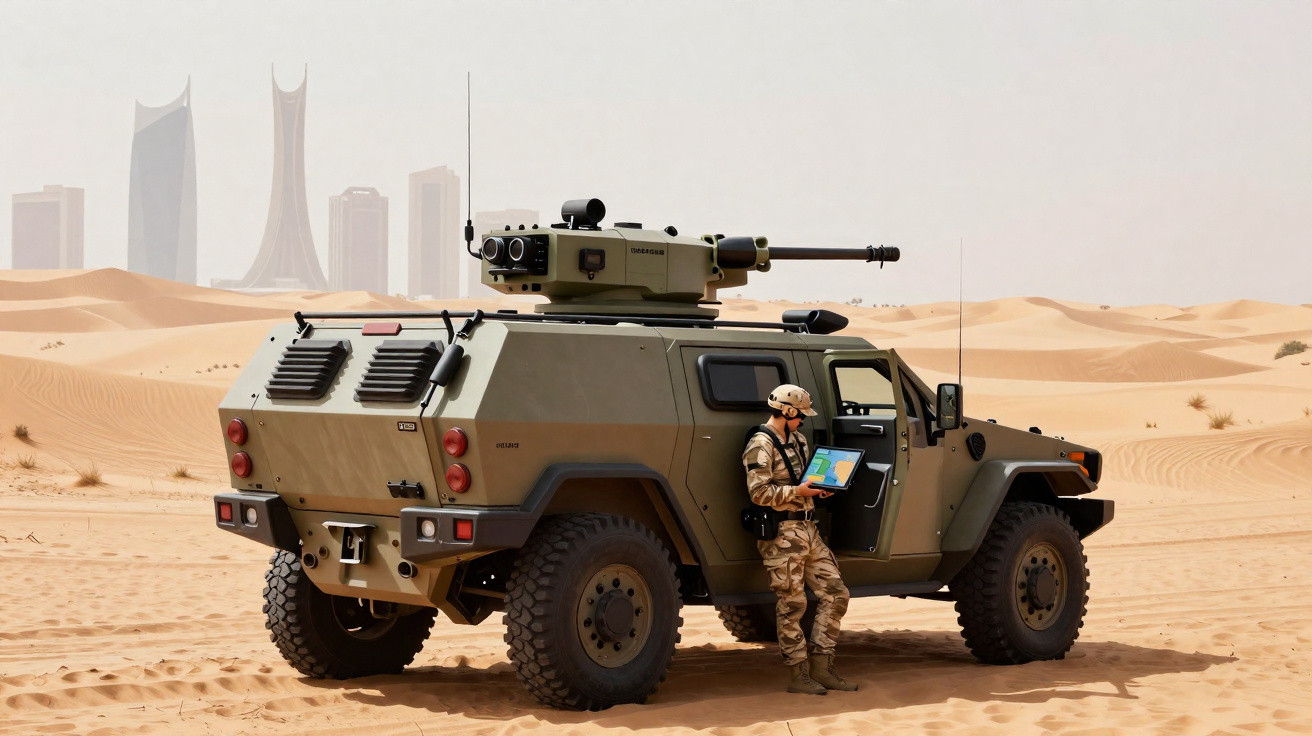 Veículo militar blindado com soldado em uniforme tecnológico em deserto com cidade futurista ao fundo.