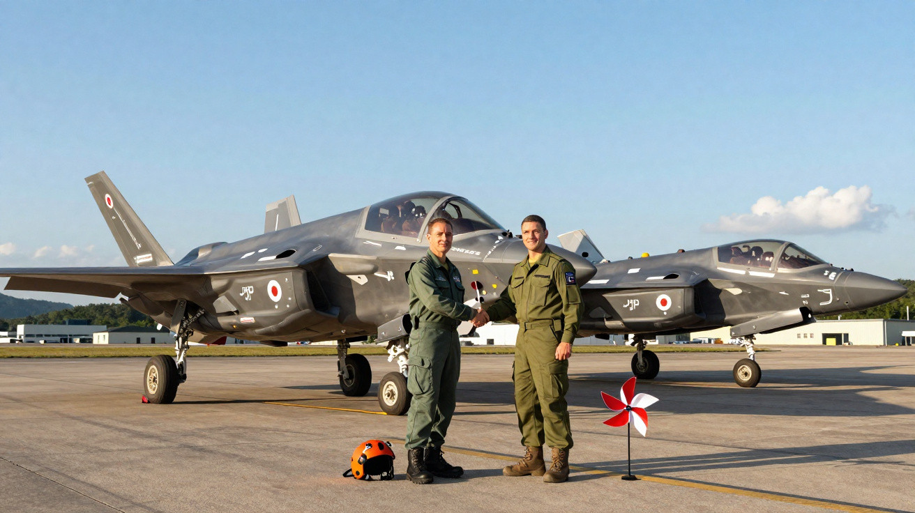 Dois pilotos militares apertam as mãos em pista ao lado de dois caças furtivos estacionados ao pôr do sol.