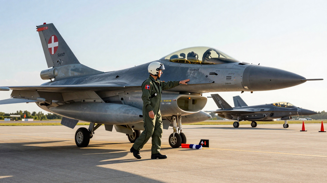 Piloto militar em fato de voo e capacete a apontar para caça F-16 da Força Aérea Dinamarquesa no aeroporto.
