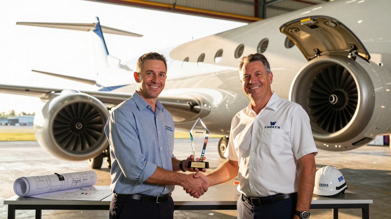 Dois homens cumprimentam-se segurando um troféu em frente a um avião num hangar de aeroporto.