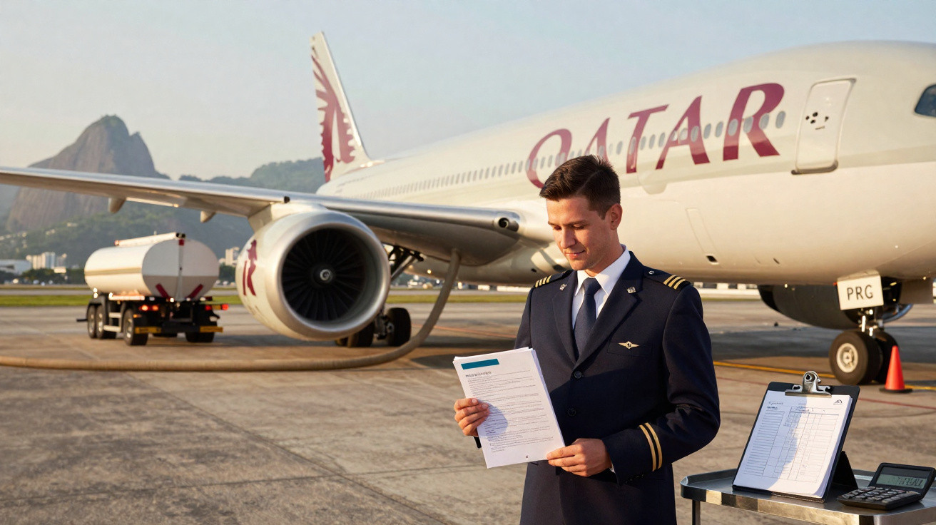 Piloto da Qatar Airways a verificar documentos perto de avião estacionado em aeroporto.