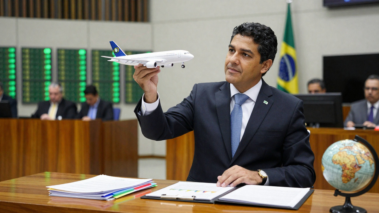 Homem de fato seguro modelo de avião em escritório com bandeira do Brasil e globo terrestre.