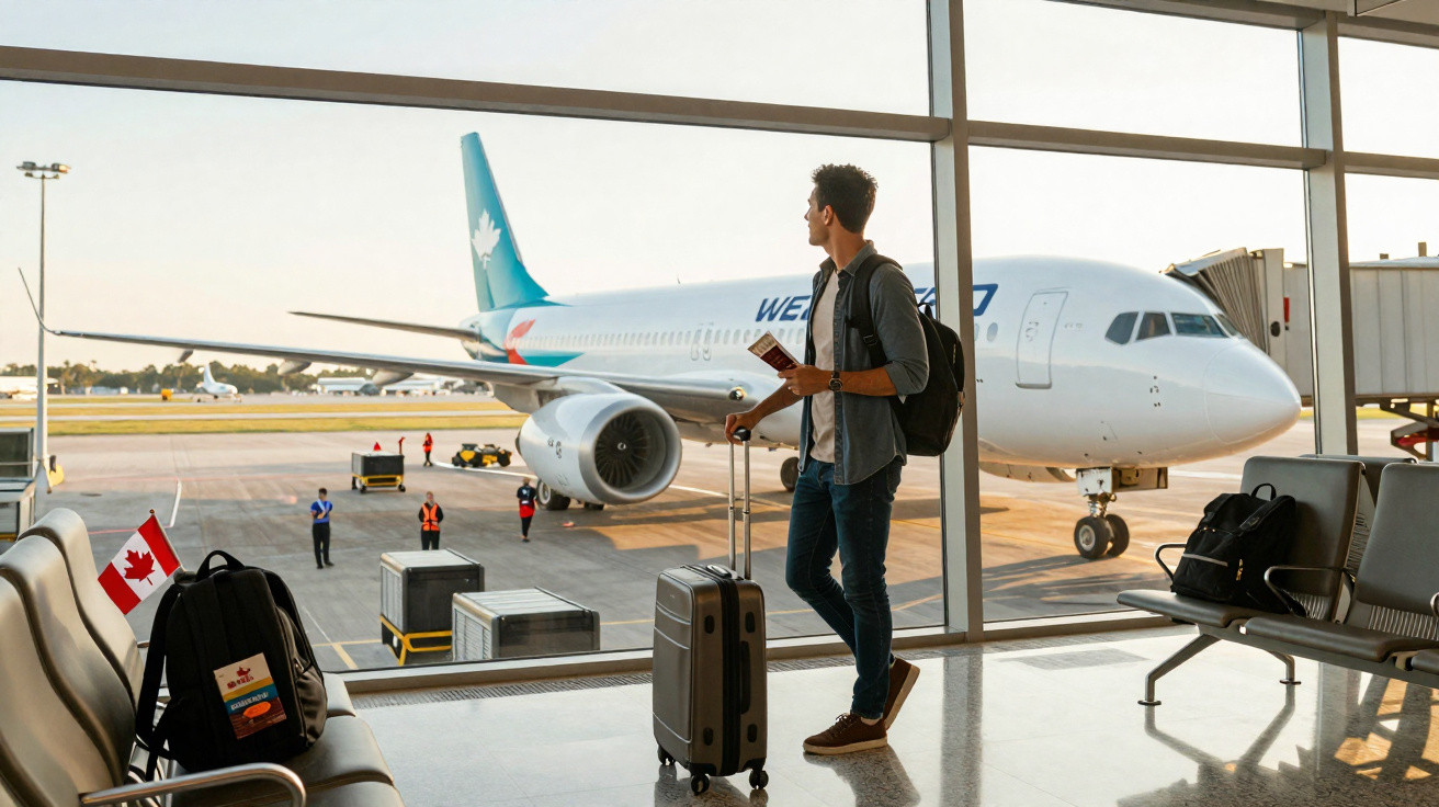 Homem com mochila e mala na mão observa avião estacionado na pista do aeroporto através da janela.