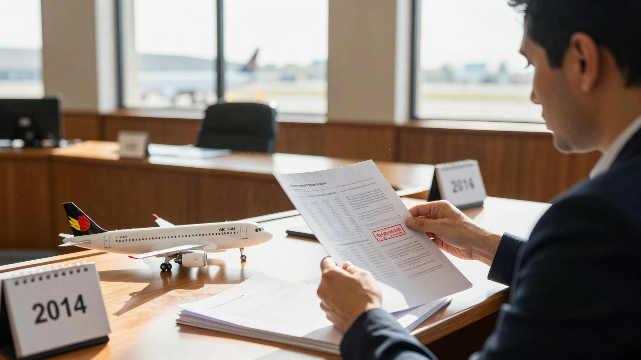 Homem vestido formalmente a analisar documentos sobre uma mesa com modelo de avião num escritório.