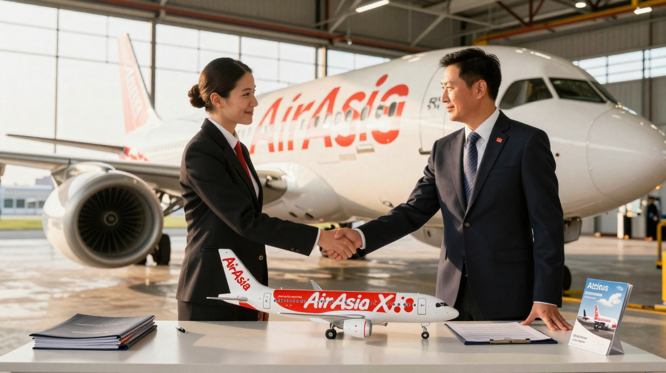 Dois profissionais de aviação apertam as mãos num hangar com avião AirAsia ao fundo.