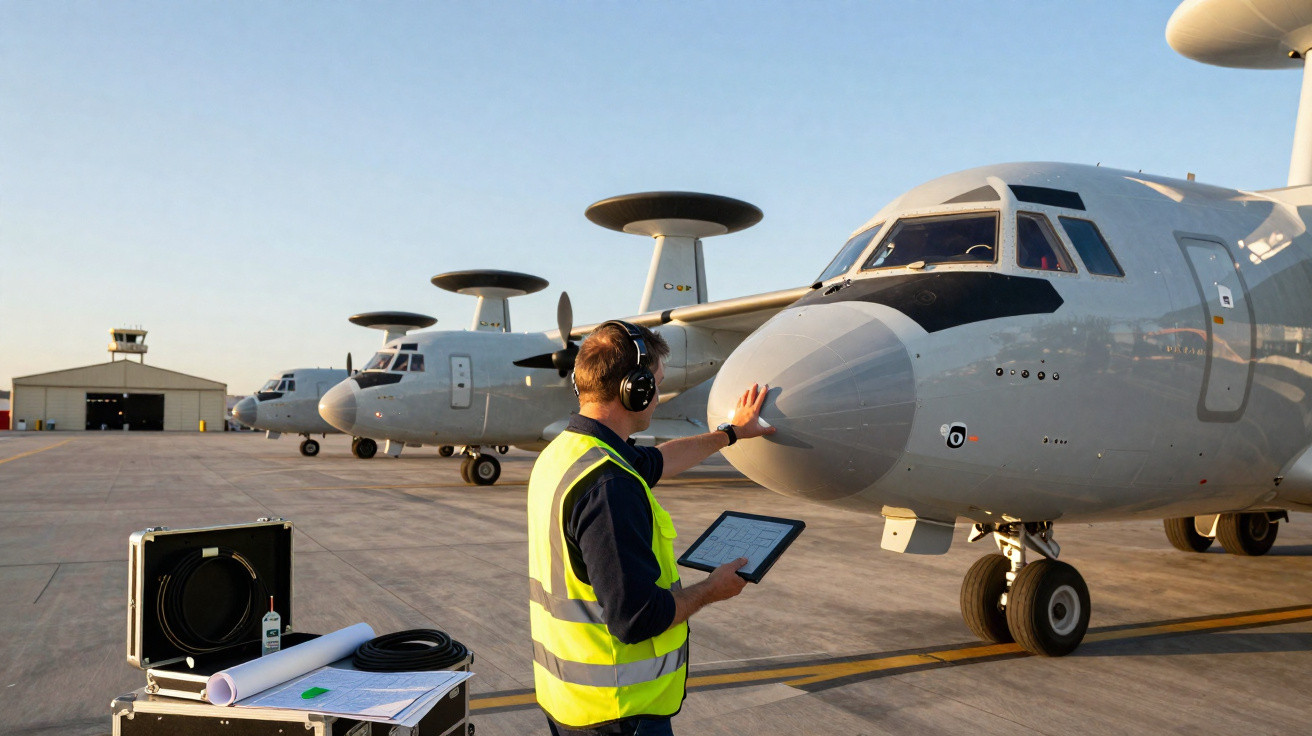 Técnico de aviação em colete refletor inspeciona avião militar com radar no teto numa pista ao pôr do sol.