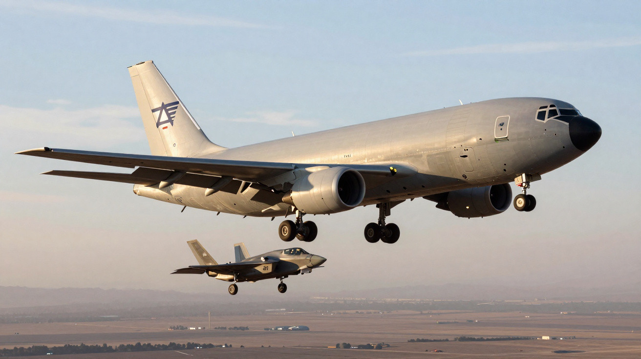 Avião de transporte militar cinzento e caça a jato voando juntos sobre paisagem rural ao pôr do sol.