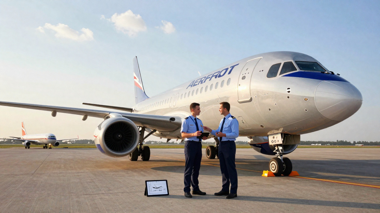 Dois pilotos conversam junto a um avião da companhia Aerfot numa pista de aeroporto ao pôr do sol.