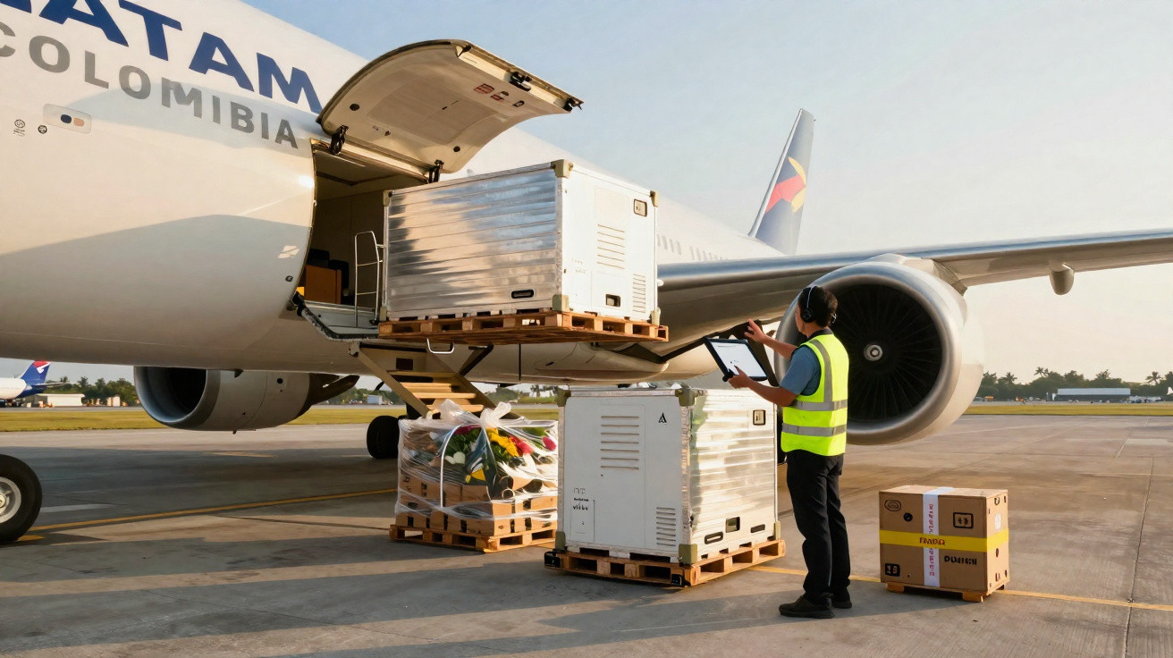 Funcionário a carregar cargas injetoras especiais no avião da Latam Colombia num aeroporto ao entardecer.