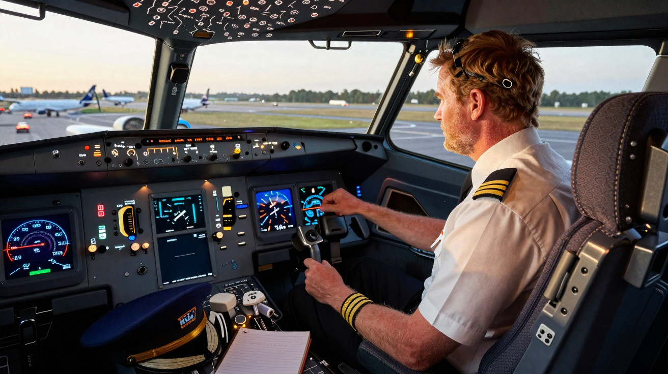 Piloto no cockpit de avião preparando controles com pista e aviões ao fundo ao pôr do sol.