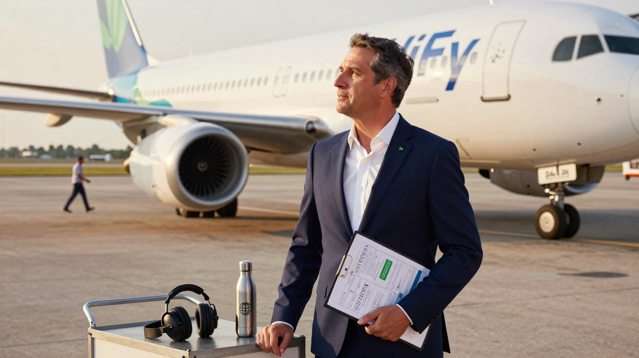 Homem em fato azul com documentos na mão junto a avião estacionado e carrinho com auscultadores e garrafa.
